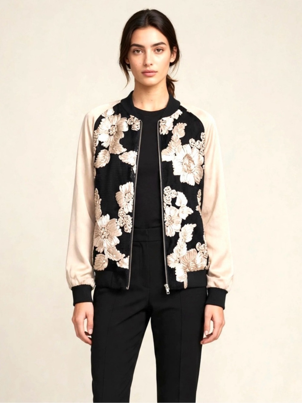 Catherine Malandrino Embroidered Floral Mesh Bomber Jacket Size M Like New
